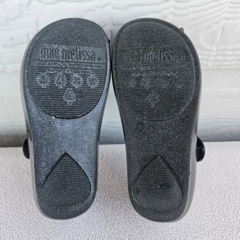 Mini Melissa Ultragirl Black Sparkle Bow Mary Jane Jelly Flats SZ 8 Hook & Loop